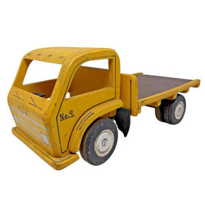 Vintage 1950s Handmade Wooden Ford No.9 Flatbed Toy Truck Yellow Missing Wheel